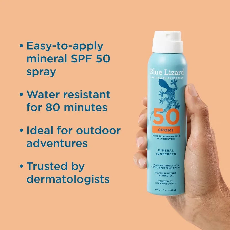 Blue Lizard Sport Mineral Sunscreen Spray - SPF 50+ - 5oz: Whole Body, Paraben-Free, Vegan, Unscented