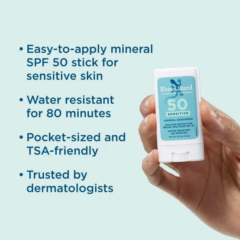 Blue Lizard Sensitive Mineral Sunscreen Stick - SPF 50+ - 0.5 oz: No Fragrance, Paraben-Free, Whole Body, Vegan